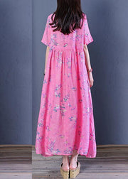Women rose print chiffon Robes o neck Cinched Maxi Dresses - SooLinen