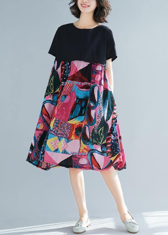 Women rose prints linen clothes linen o neck oversized summer Dress - SooLinen