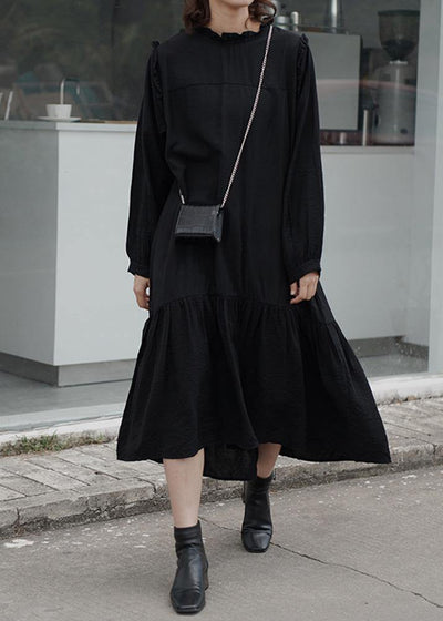 Women ruffles cotton stand collar tunics for women Photography black loose Dress - SooLinen