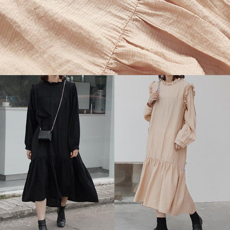 Women ruffles cotton stand collar tunics for women Photography black loose Dress - SooLinen