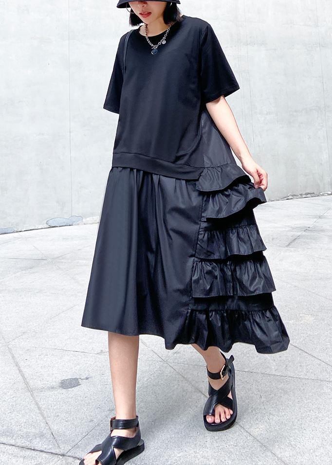Women ruffles cotton summer outfit Work black patchwork cotton Dresses - SooLinen