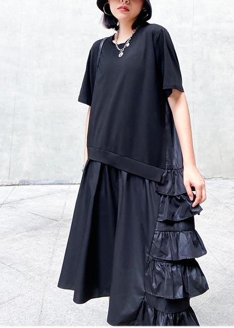 Women ruffles cotton summer outfit Work black patchwork cotton Dresses - SooLinen