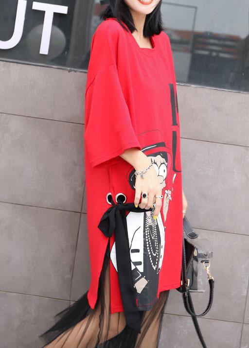 Women short sleeve Cotton dresses Sleeve red prints Dress summer - SooLinen