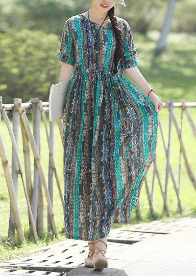 Women short sleeve linen prints dresses pattern green Traveling Dress summer - SooLinen