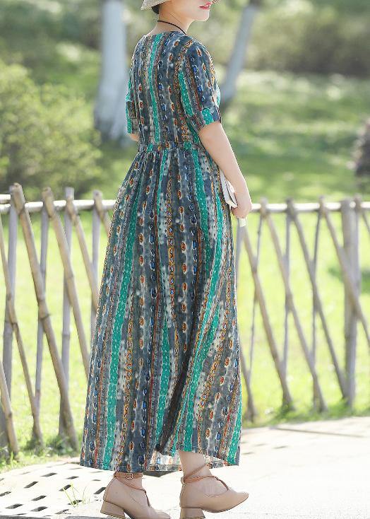 Women short sleeve linen prints dresses pattern green Traveling Dress summer - SooLinen