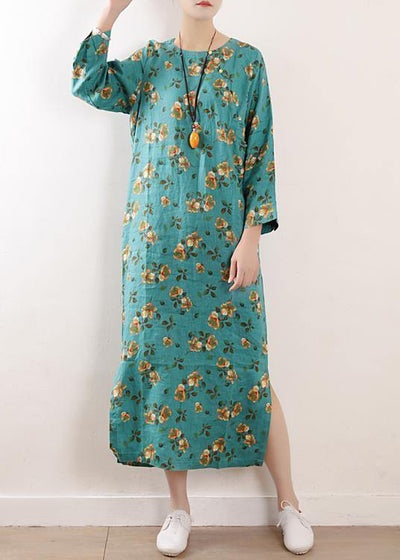 Women side open linen clothes For Women Shape blue floral Dress summer - SooLinen