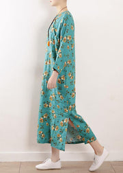 Women side open linen clothes For Women Shape blue floral Dress summer - SooLinen