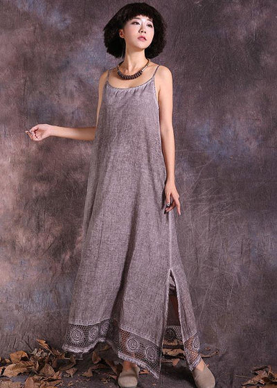 Women side open linen dress Fabrics khaki sleeveless Dresses summer - SooLinen