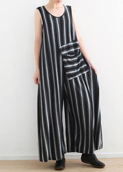 Women sleeveless big pockets cotton quilting pants Sleeveless black striped Plus Size jumpsuit pants summer - SooLinen