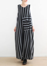 Women sleeveless big pockets cotton quilting pants Sleeveless black striped Plus Size jumpsuit pants summer - SooLinen