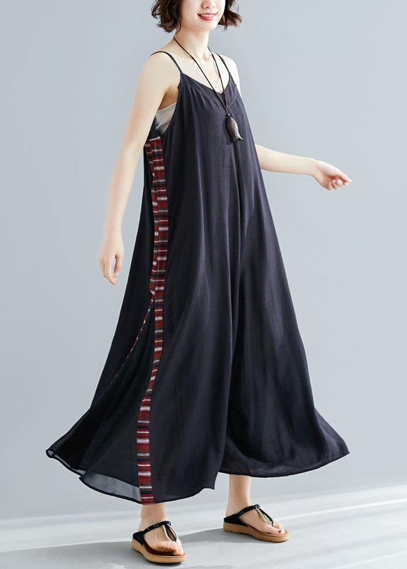 Women sleeveless cotton dresses Shape black patchwork cotton robes Dresses summer - SooLinen