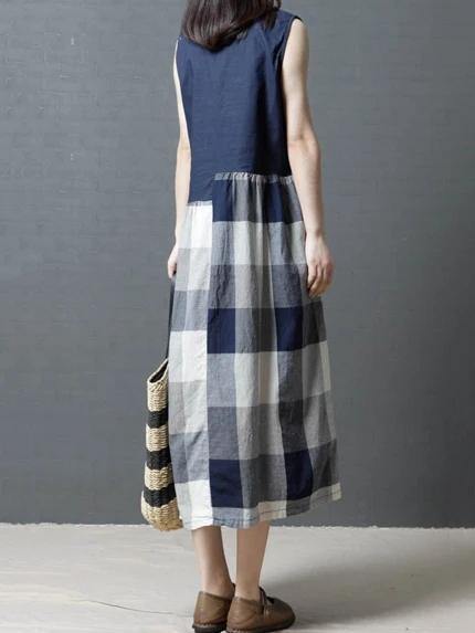 Women sleeveless linen clothes For Wardrobes blue patchwork Plaid Dresses - SooLinen