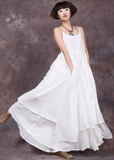 Women sleeveless linen dresses Sewing white asymmetric hem Dresses summer - SooLinen