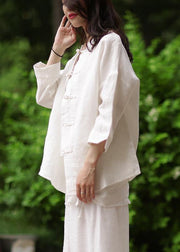 Women stand collar Chinese Button cotton Blouse white silhouette blouse - SooLinen