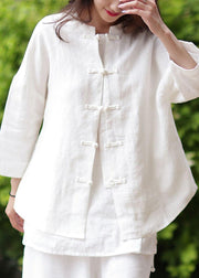 Women stand collar Chinese Button cotton Blouse white silhouette blouse - SooLinen