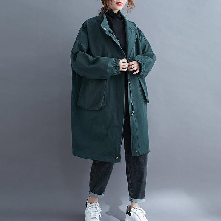 Women stand collar Large pockets Plus Size maxi coat green Midi coat - SooLinen