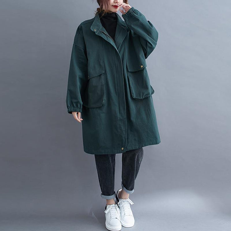 Women stand collar Large pockets Plus Size maxi coat green Midi coat - SooLinen