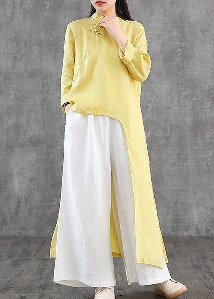 Women stand collar asymmetric linen Wardrobes Inspiration yellow Dress - SooLinen