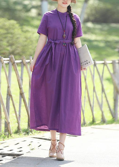Women stand collar cotton dresses linen purple Dresses summer - SooLinen