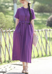 Women stand collar cotton dresses linen purple Dresses summer - SooLinen