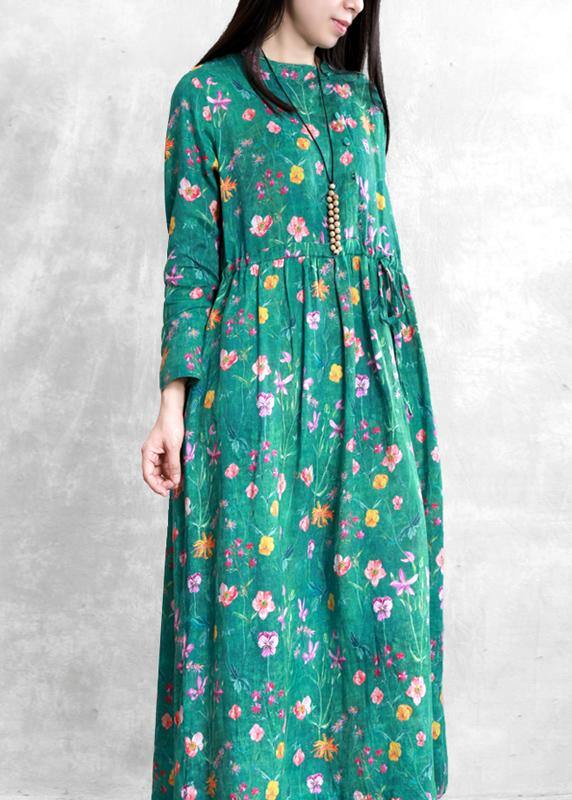 Women stand collar drawstring linen clothes Online Shopping green print Dress - SooLinen