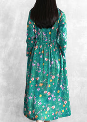 Women stand collar drawstring linen clothes Online Shopping green print Dress - SooLinen