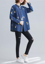 Women stand collar embroidery cotton spring clothes For Women Outfits dark blue blouse - SooLinen