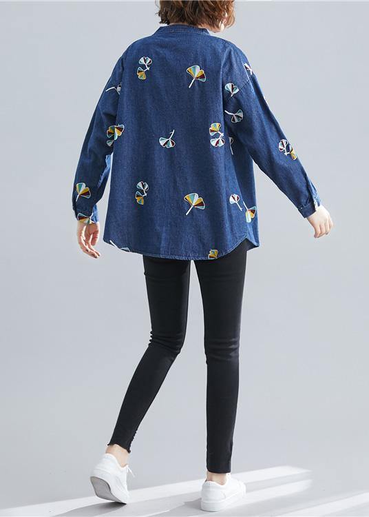 Women stand collar embroidery cotton spring clothes For Women Outfits dark blue blouse - SooLinen