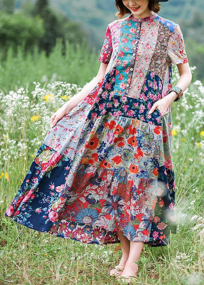 Women stand collar exra large hem cotton Tunics Runway floral Kaftan Dress - SooLinen