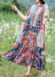 Women stand collar exra large hem cotton Tunics Runway floral Kaftan Dress - SooLinen