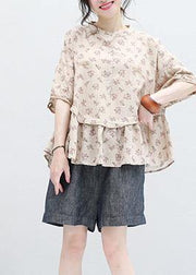 Women stand collar nude prints linen top silhouette design half sleeve blouses summer - SooLinen