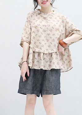 Women stand collar nude prints linen top silhouette design half sleeve blouses summer - SooLinen