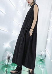 Women stand collar pockets cotton summer dresses Sewing black long Dresses - SooLinen