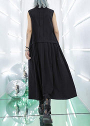 Women stand collar pockets cotton summer dresses Sewing black long Dresses - SooLinen