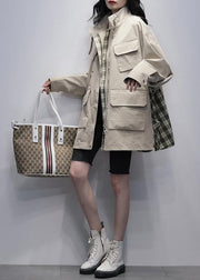 Women stand collar pockets  casual coats khaki patchwork plaid jackets - SooLinen