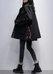 Women stand collar pockets  casual coats khaki patchwork plaid jackets - SooLinen