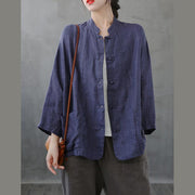 Women stand collar pockets tunics Sewing dark blue top - SooLinen
