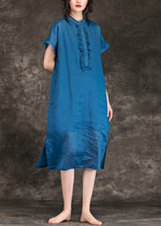 Women stand collar side open linen dresses Fashion Christmas Gifts blue baggy Dress Summer