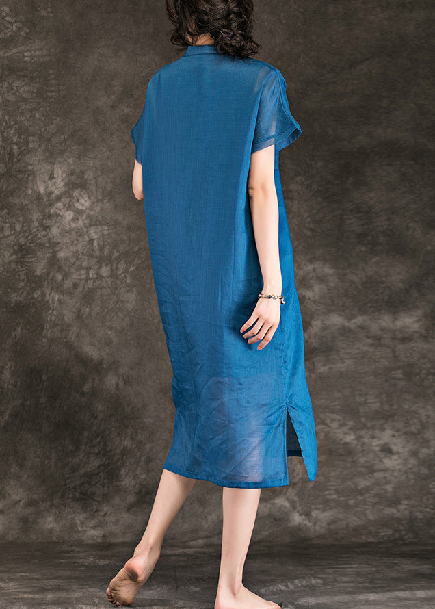 Women stand collar side open linen dresses Fashion Christmas Gifts blue baggy Dress Summer