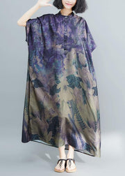 Women stand collar tunic dress Runway dark purple print Robe Dress summer - SooLinen