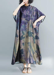 Women stand collar tunic dress Runway dark purple print Robe Dress summer - SooLinen