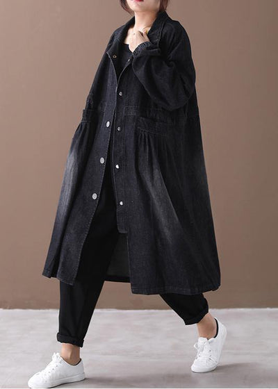 Women stand collar Cinched Fashion coat denim black loose outwears - SooLinen