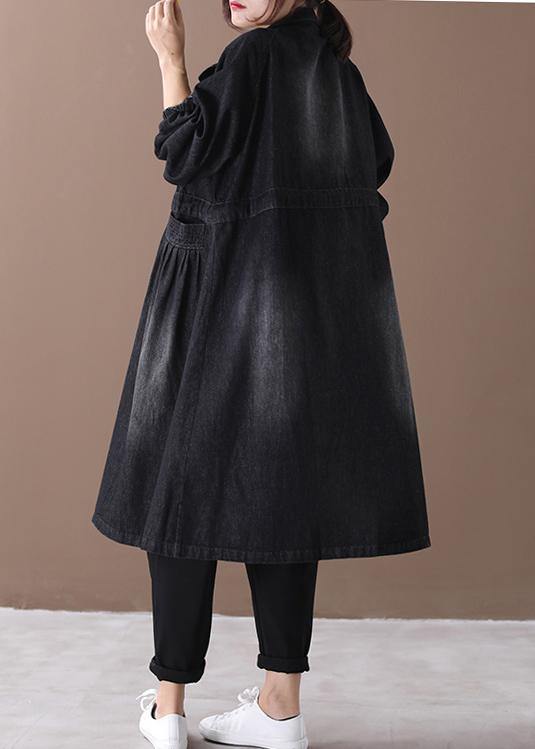 Women stand collar Cinched Fashion coat denim black loose outwears - SooLinen