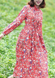Women stand neck linen high neck clothes Fashion Ideas red floral Dress - SooLinen