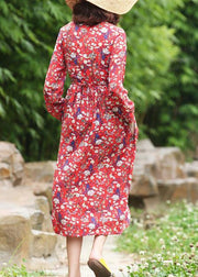 Women stand neck linen high neck clothes Fashion Ideas red floral Dress - SooLinen