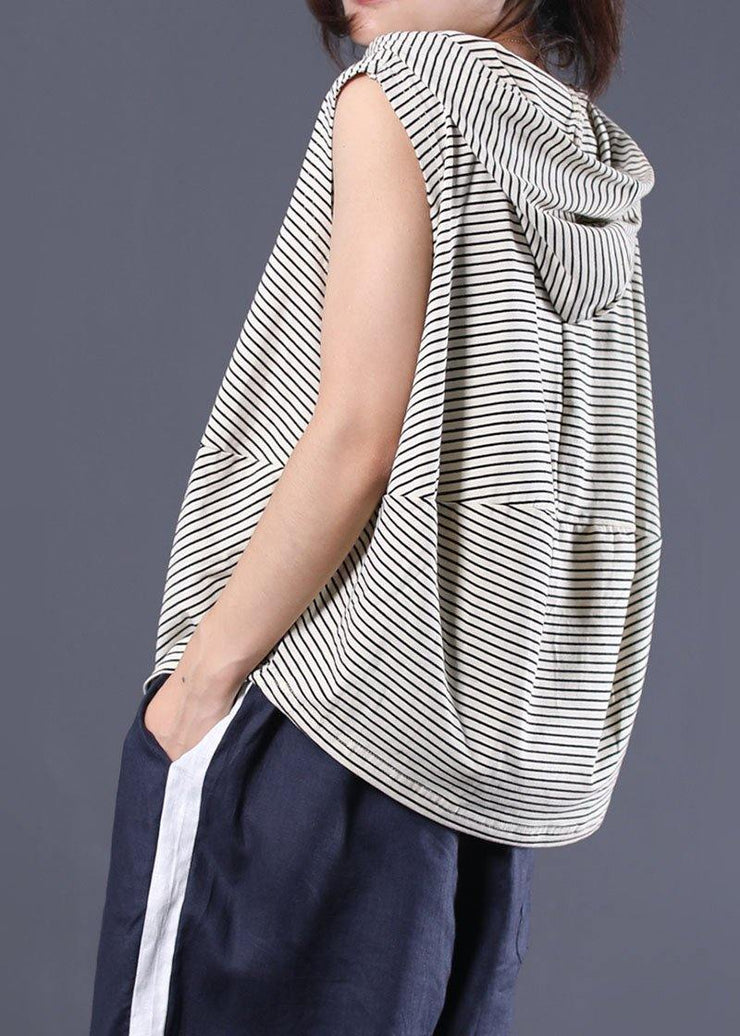 Women striped hooded cotton clothes sleeveless cotton summer top - SooLinen