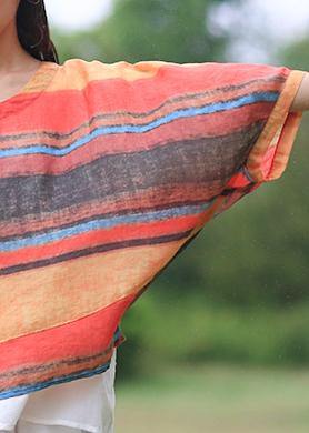 Women striped linen shirts women o neck Batwing Sleeve loose summer blouses - SooLinen