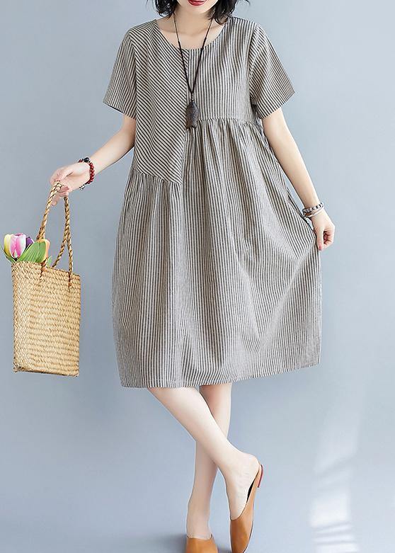Women striped quilting clothes o neck patchwork Art summer Dress - SooLinen