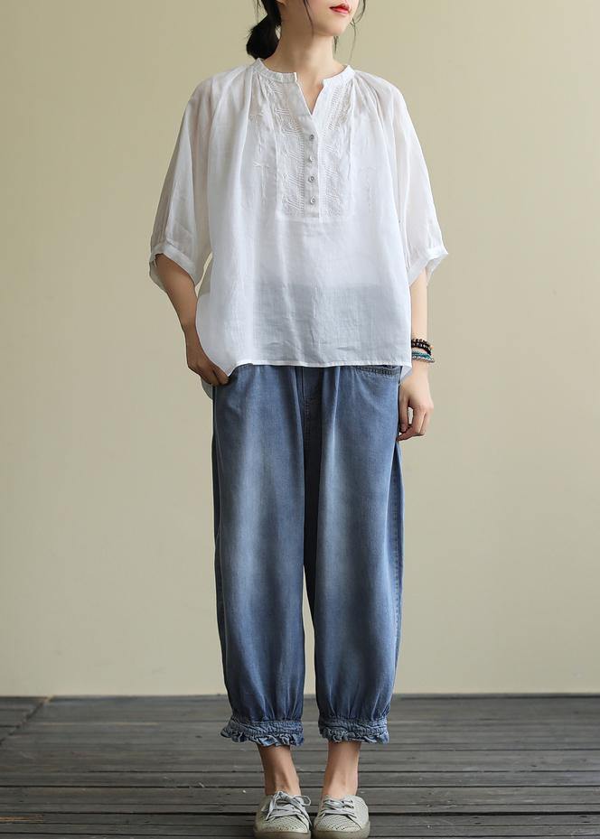Women summer v neck cotton clothes For Women white short shirt - SooLinen