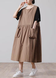 Women tie waist Khaki Cotton big hem Summer Holiday Dress - SooLinen